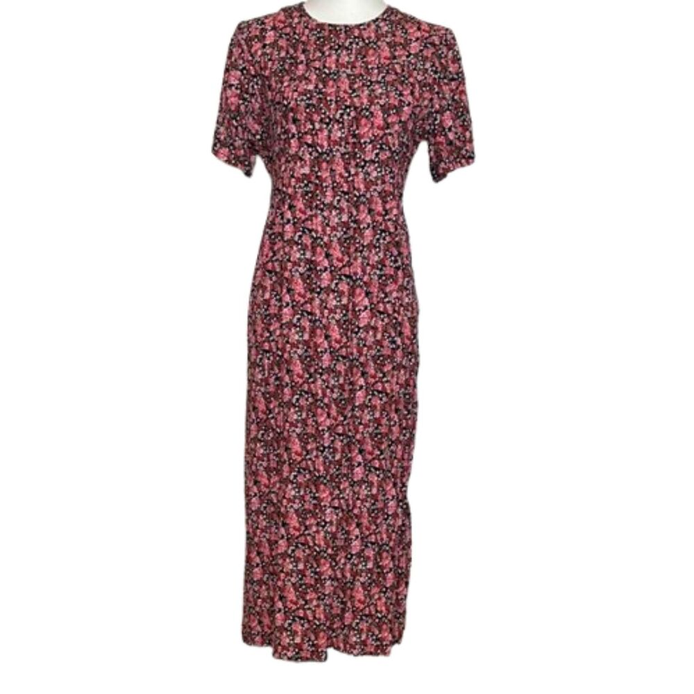 Vintage 90s Ditsy Floral Midi Dress Womens 10 Zip Up Fairy Peasant Prairie Pink